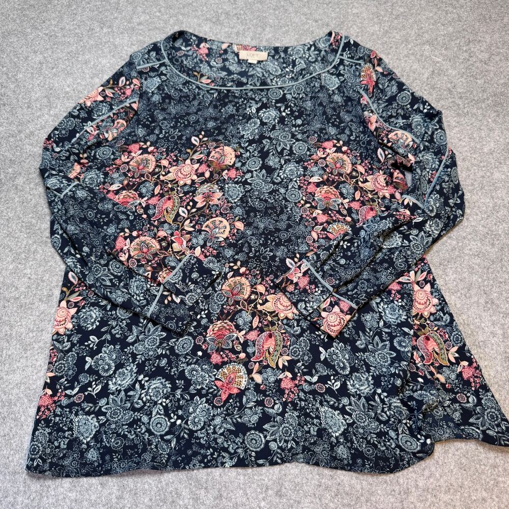 LOFT Outlet Women Large Floral Blouse Navy Pink Long Sleeve Button Cuff